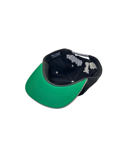 The OG Cap is a pure legacy from the 90s.

Crafted in iconic black and silver and a bold gothic font Extnded Family at the back, the OG collection is more than just a hat - a deeply cultural artifact tied to identity, rebellion, and street style.
This vintage style classic snapback, flat brim, adjustable snap closure and green underbrim is made for those who stands for something.