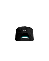 Unisex 90s style EF streetwear snapback cap, black grandad cotton hat with embroidery and green underbrim 
