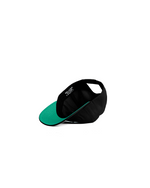 Unisex 90s style EF streetwear snapback cap, black grandad cotton hat with embroidery and green underbrim 
