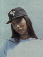 Unisex 90s style EF streetwear snapback cap, black grandad cotton hat with embroidery and green underbrim 
