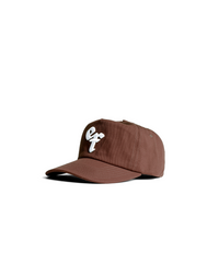 Unisex 90s style EF streetwear snapback cap, brown coffee grandad cotton hat with embroidery and green underbrim 
