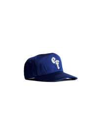Unisex 90s style EF streetwear snapback cap, navy grandad cotton hat with embroidery and green underbrim 
