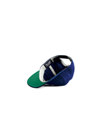 Unisex 90s style EF streetwear snapback cap, navy grandad cotton hat with embroidery and green underbrim 