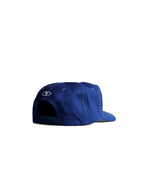 Unisex 90s style EF streetwear snapback cap, navy grandad cotton hat with embroidery and green underbrim 